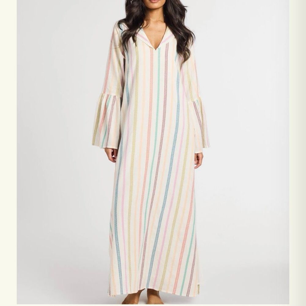 MILLE Jacqueline Striped Maxi Dress Size Small Bell Sleeve Embroidered Cotton